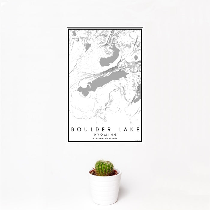 12x18 Boulder Lake Wyoming Map Print Portrait Orientation in Classic Style With Small Cactus Plant in White Planter