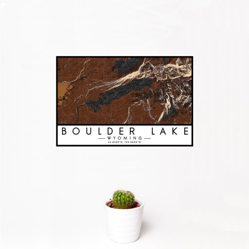 12x18 Boulder Lake Wyoming Map Print Landscape Orientation in Ember Style With Small Cactus Plant in White Planter
