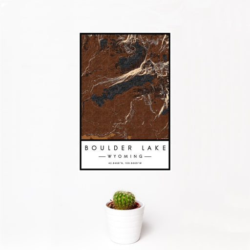 12x18 Boulder Lake Wyoming Map Print Portrait Orientation in Ember Style With Small Cactus Plant in White Planter
