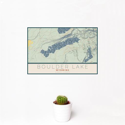 12x18 Boulder Lake Wyoming Map Print Landscape Orientation in Woodblock Style With Small Cactus Plant in White Planter