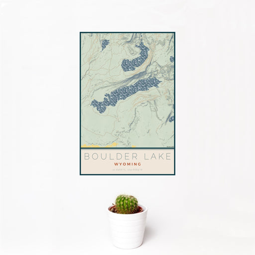 12x18 Boulder Lake Wyoming Map Print Portrait Orientation in Woodblock Style With Small Cactus Plant in White Planter
