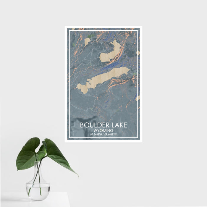 16x24 Boulder Lake Wyoming Map Print Portrait Orientation in Afternoon Style With Tropical Plant Leaves in Water