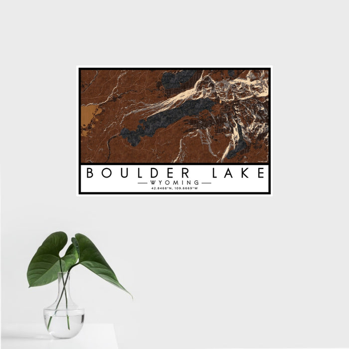 16x24 Boulder Lake Wyoming Map Print Landscape Orientation in Ember Style With Tropical Plant Leaves in Water