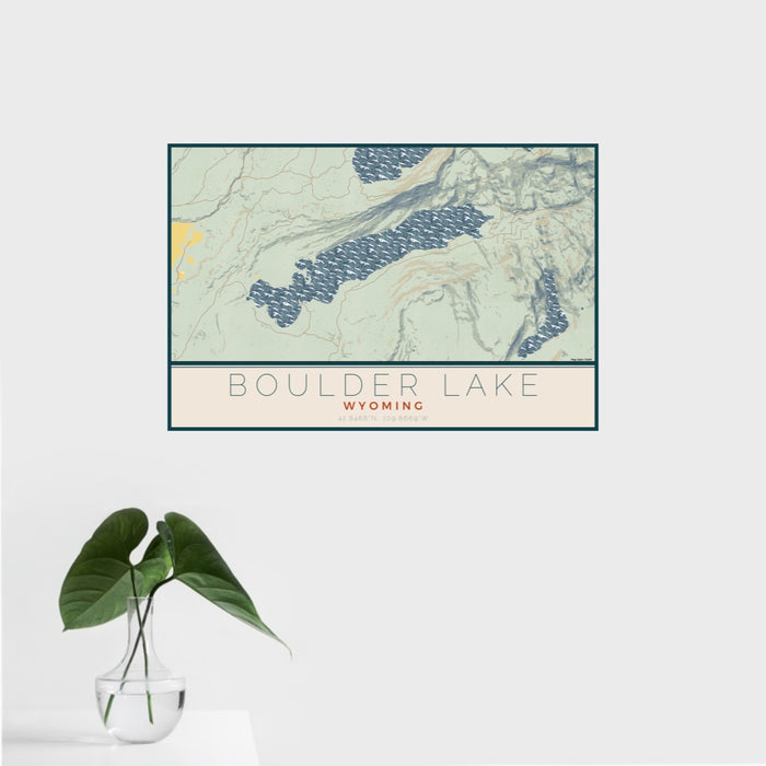 16x24 Boulder Lake Wyoming Map Print Landscape Orientation in Woodblock Style With Tropical Plant Leaves in Water