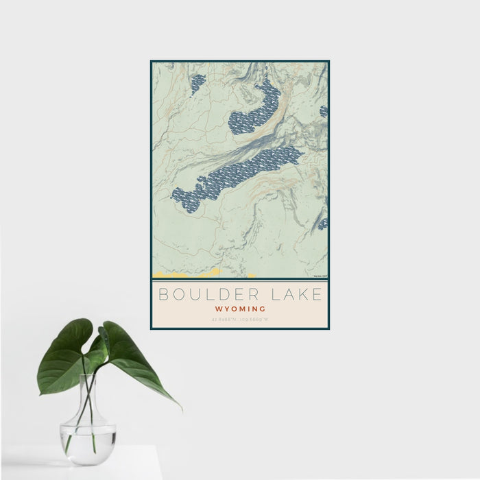 16x24 Boulder Lake Wyoming Map Print Portrait Orientation in Woodblock Style With Tropical Plant Leaves in Water
