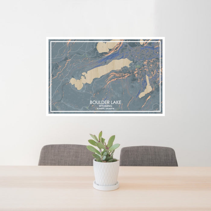 24x36 Boulder Lake Wyoming Map Print Lanscape Orientation in Afternoon Style Behind 2 Chairs Table and Potted Plant