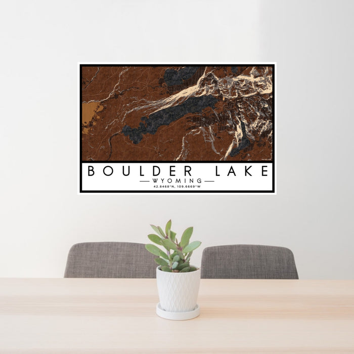 24x36 Boulder Lake Wyoming Map Print Lanscape Orientation in Ember Style Behind 2 Chairs Table and Potted Plant