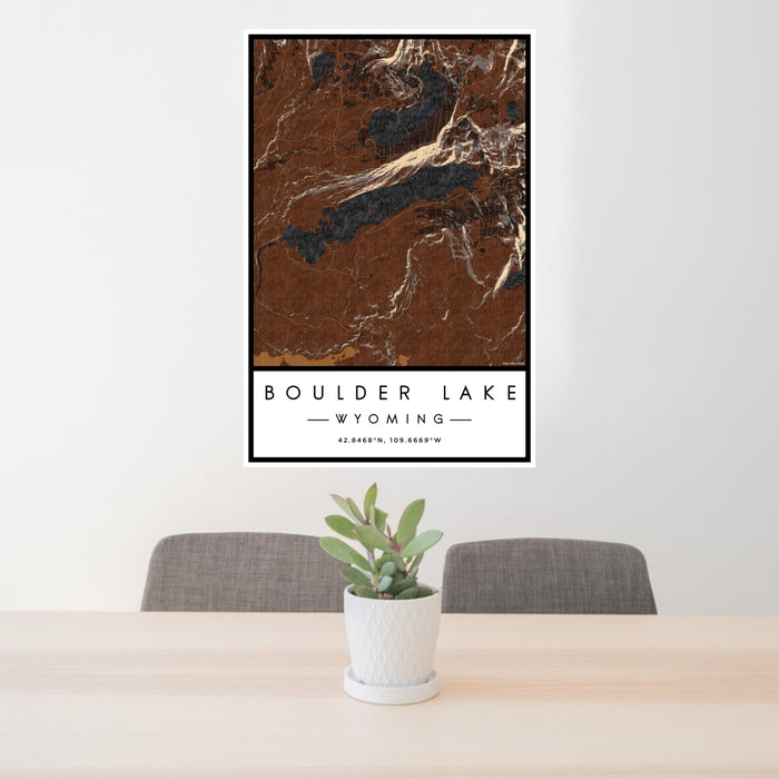 24x36 Boulder Lake Wyoming Map Print Portrait Orientation in Ember Style Behind 2 Chairs Table and Potted Plant