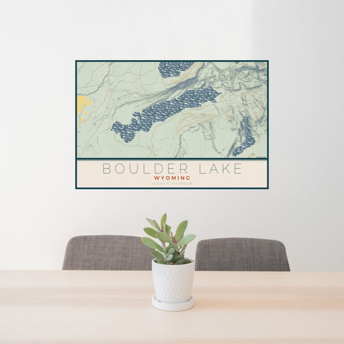 24x36 Boulder Lake Wyoming Map Print Lanscape Orientation in Woodblock Style Behind 2 Chairs Table and Potted Plant