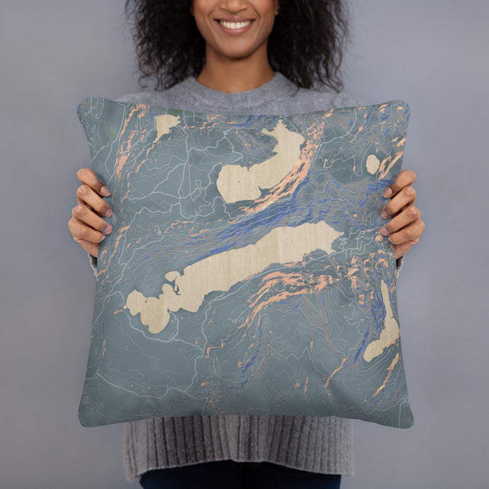 Person holding 18x18 Custom Boulder Lake Wyoming Map Throw Pillow in Afternoon
