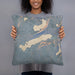 Person holding 18x18 Custom Boulder Lake Wyoming Map Throw Pillow in Afternoon