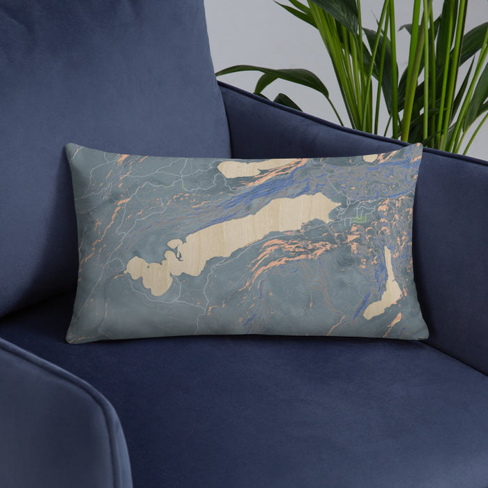 Custom Boulder Lake Wyoming Map Throw Pillow in Afternoon on Blue Colored Chair