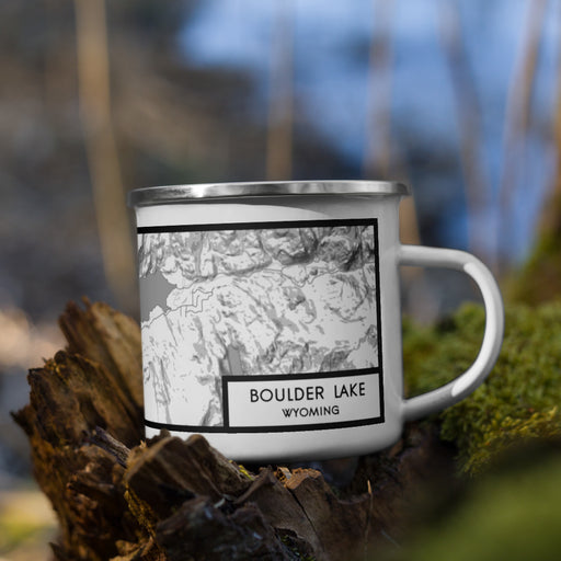 Right View Custom Boulder Lake Wyoming Map Enamel Mug in Classic on Grass With Trees in Background