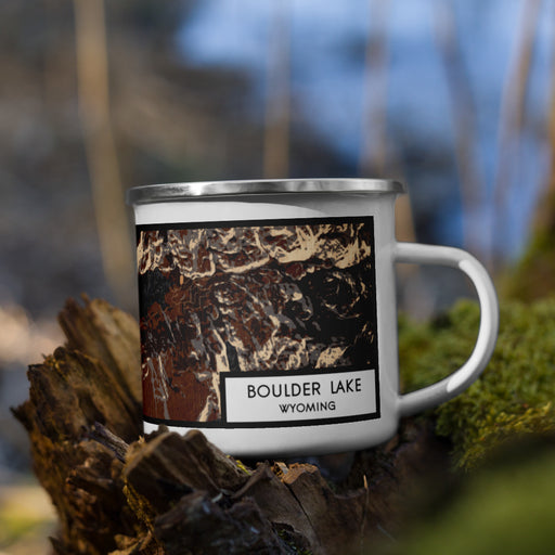 Right View Custom Boulder Lake Wyoming Map Enamel Mug in Ember on Grass With Trees in Background