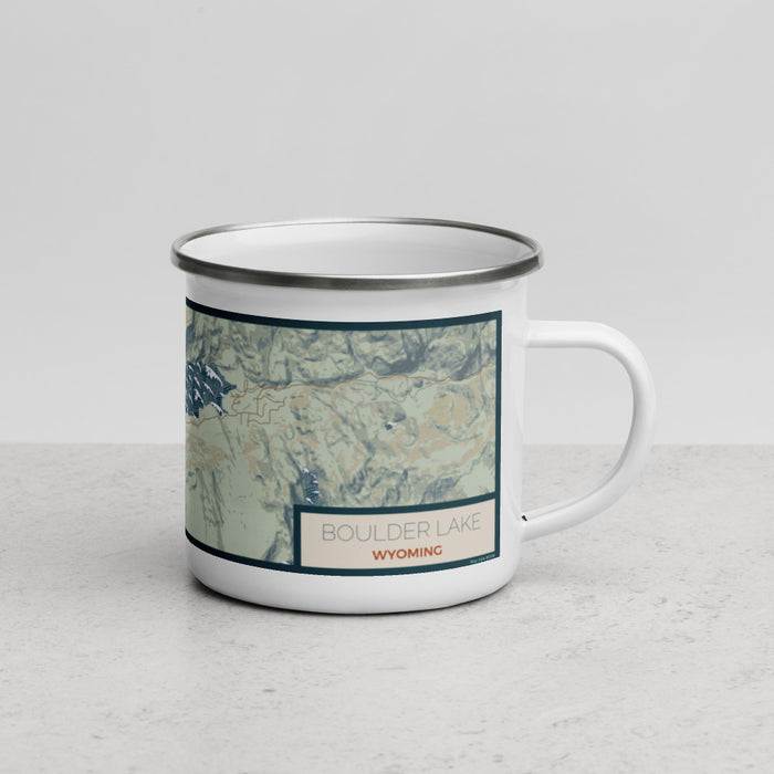 Right View Custom Boulder Lake Wyoming Map Enamel Mug in Woodblock
