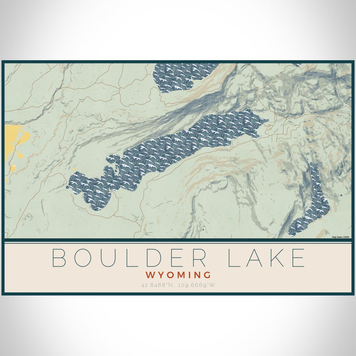 Boulder Lake Wyoming Map Print Landscape Orientation in Woodblock Style With Shaded Background