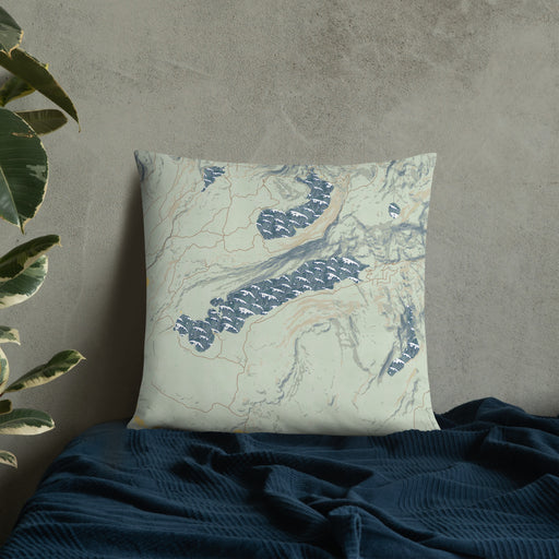 Custom Boulder Lake Wyoming Map Throw Pillow in Woodblock on Bedding Against Wall