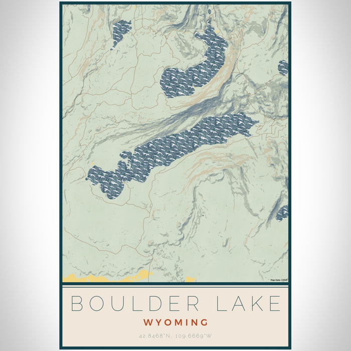 Boulder Lake Wyoming Map Print Portrait Orientation in Woodblock Style With Shaded Background