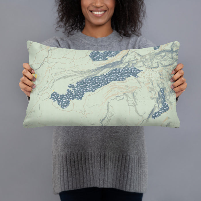 Person holding 20x12 Custom Boulder Lake Wyoming Map Throw Pillow in Woodblock