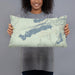 Person holding 20x12 Custom Boulder Lake Wyoming Map Throw Pillow in Woodblock