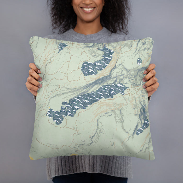 Person holding 18x18 Custom Boulder Lake Wyoming Map Throw Pillow in Woodblock