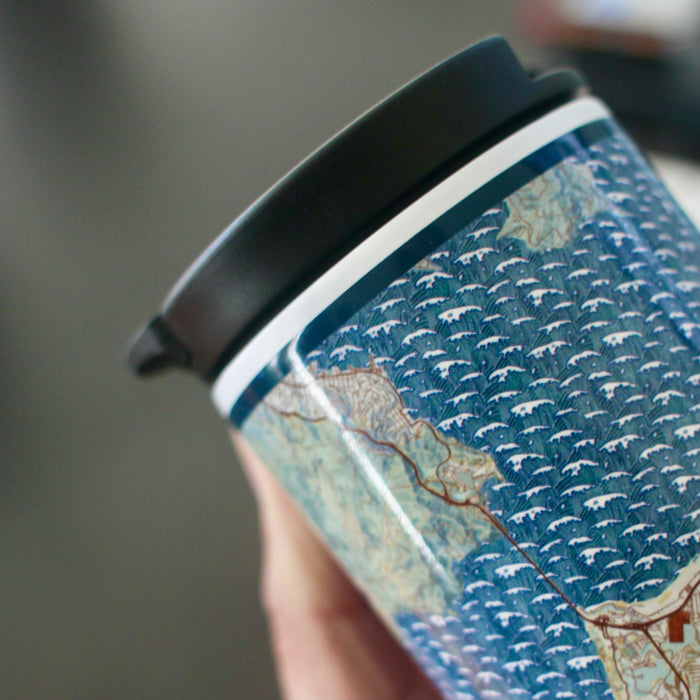 17oz Stainless Steel Insulated Tumbler in White with Custom Woodblock Style Map Closeup