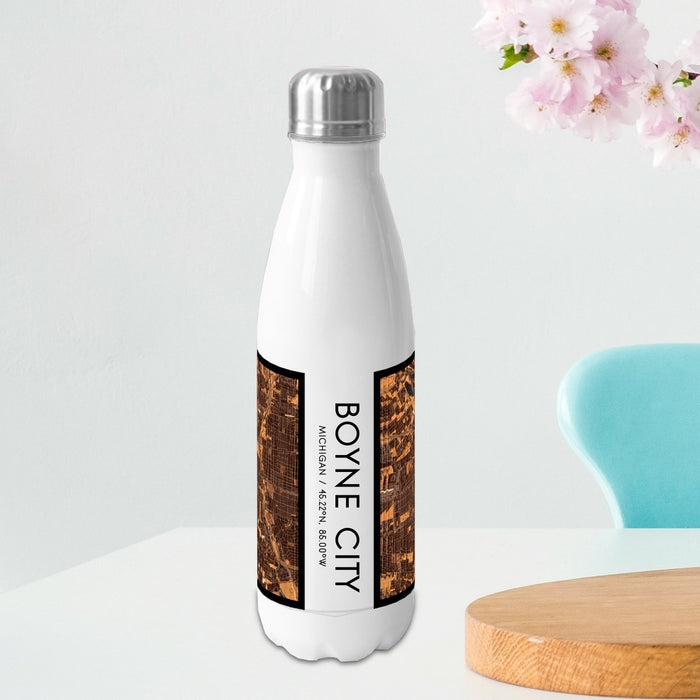 Boyne City Michigan Custom City Map Inscription Coordinates on 17oz Stainless Steel Insulated Bottle with printed ember style map