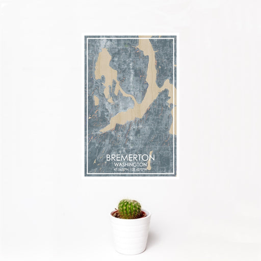 12x18 Bremerton Washington Map Print Portrait Orientation in Afternoon Style With Small Cactus Plant in White Planter