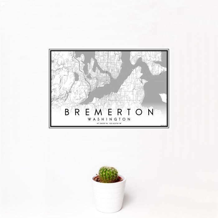 12x18 Bremerton Washington Map Print Landscape Orientation in Classic Style With Small Cactus Plant in White Planter