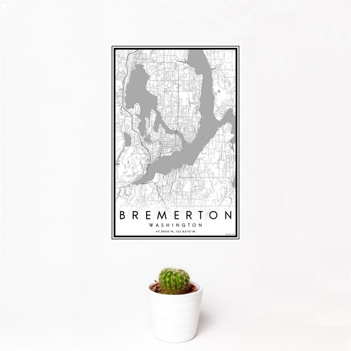 12x18 Bremerton Washington Map Print Portrait Orientation in Classic Style With Small Cactus Plant in White Planter