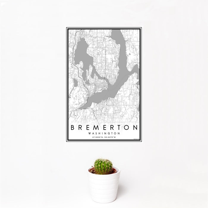 12x18 Bremerton Washington Map Print Portrait Orientation in Classic Style With Small Cactus Plant in White Planter