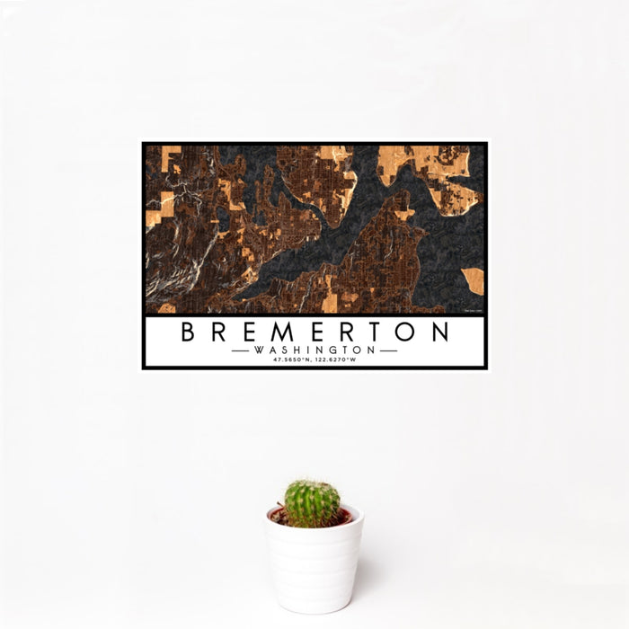 12x18 Bremerton Washington Map Print Landscape Orientation in Ember Style With Small Cactus Plant in White Planter