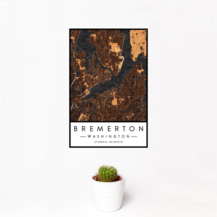12x18 Bremerton Washington Map Print Portrait Orientation in Ember Style With Small Cactus Plant in White Planter