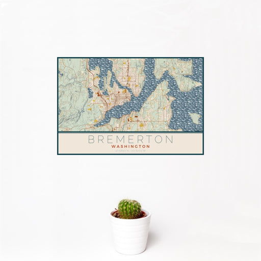 12x18 Bremerton Washington Map Print Landscape Orientation in Woodblock Style With Small Cactus Plant in White Planter