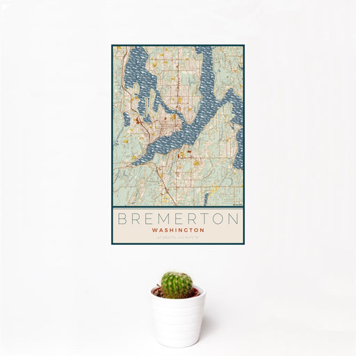 12x18 Bremerton Washington Map Print Portrait Orientation in Woodblock Style With Small Cactus Plant in White Planter