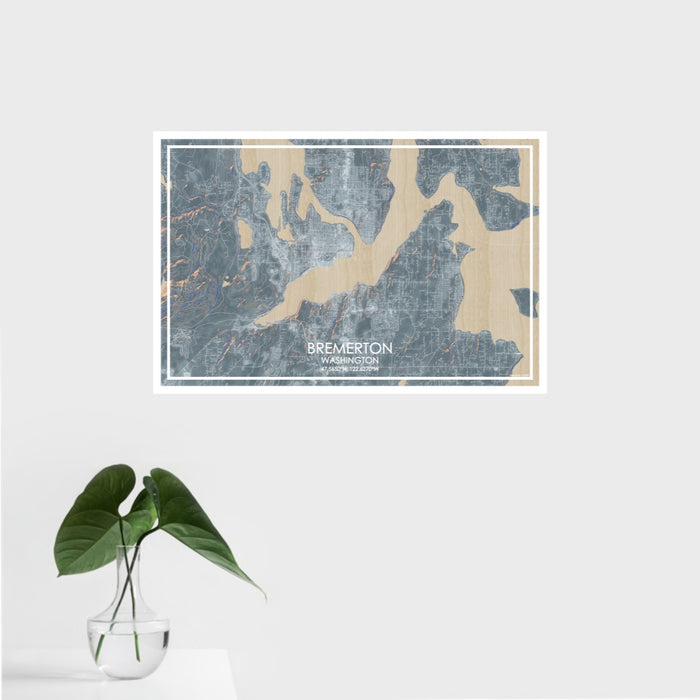 16x24 Bremerton Washington Map Print Landscape Orientation in Afternoon Style With Tropical Plant Leaves in Water