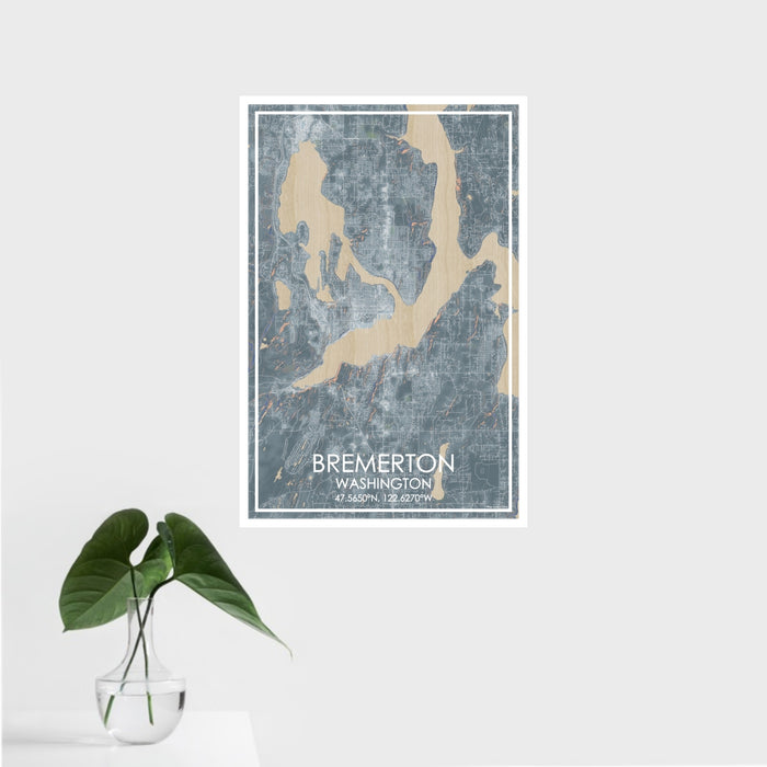 16x24 Bremerton Washington Map Print Portrait Orientation in Afternoon Style With Tropical Plant Leaves in Water