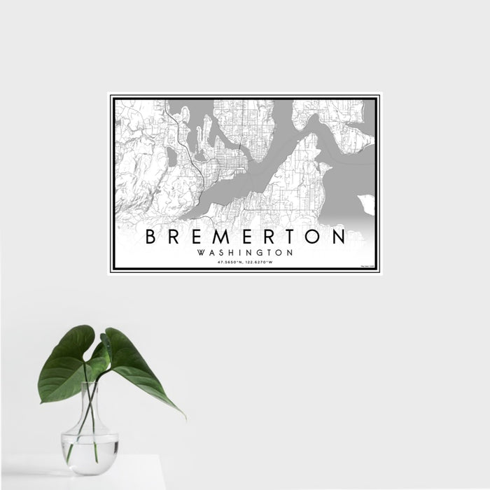 16x24 Bremerton Washington Map Print Landscape Orientation in Classic Style With Tropical Plant Leaves in Water