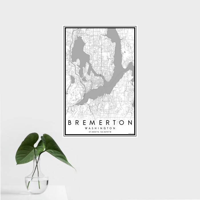 16x24 Bremerton Washington Map Print Portrait Orientation in Classic Style With Tropical Plant Leaves in Water