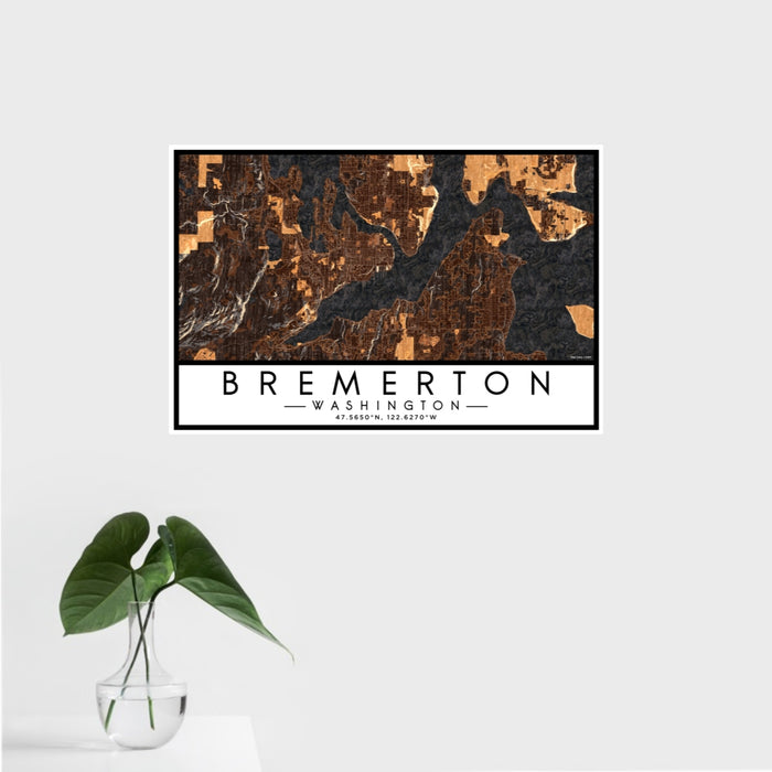 16x24 Bremerton Washington Map Print Landscape Orientation in Ember Style With Tropical Plant Leaves in Water