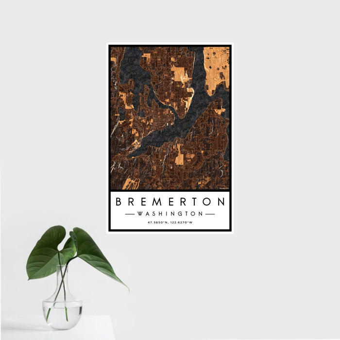 16x24 Bremerton Washington Map Print Portrait Orientation in Ember Style With Tropical Plant Leaves in Water