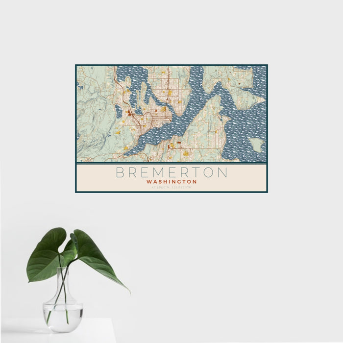 16x24 Bremerton Washington Map Print Landscape Orientation in Woodblock Style With Tropical Plant Leaves in Water