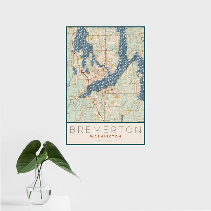 16x24 Bremerton Washington Map Print Portrait Orientation in Woodblock Style With Tropical Plant Leaves in Water