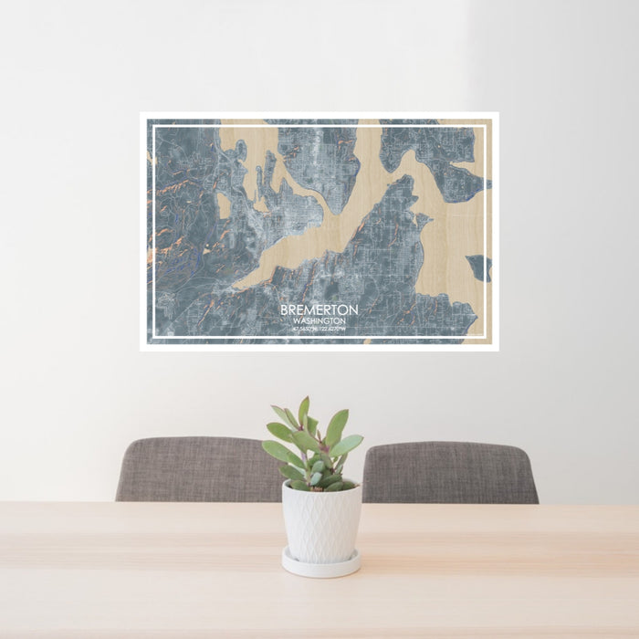 24x36 Bremerton Washington Map Print Lanscape Orientation in Afternoon Style Behind 2 Chairs Table and Potted Plant