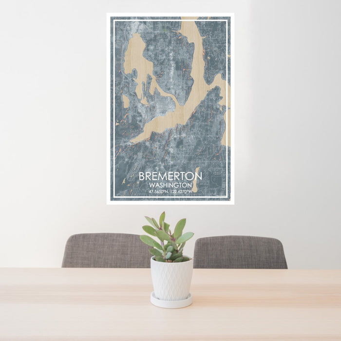 24x36 Bremerton Washington Map Print Portrait Orientation in Afternoon Style Behind 2 Chairs Table and Potted Plant