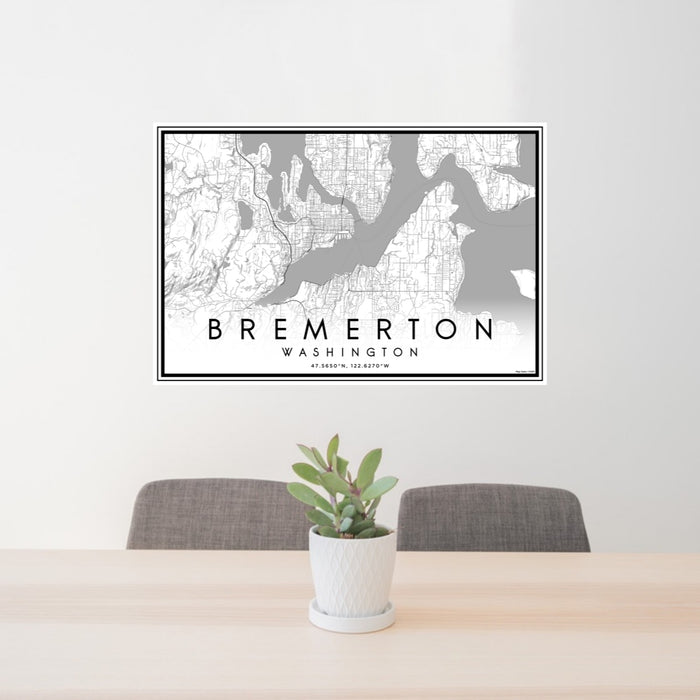 24x36 Bremerton Washington Map Print Lanscape Orientation in Classic Style Behind 2 Chairs Table and Potted Plant