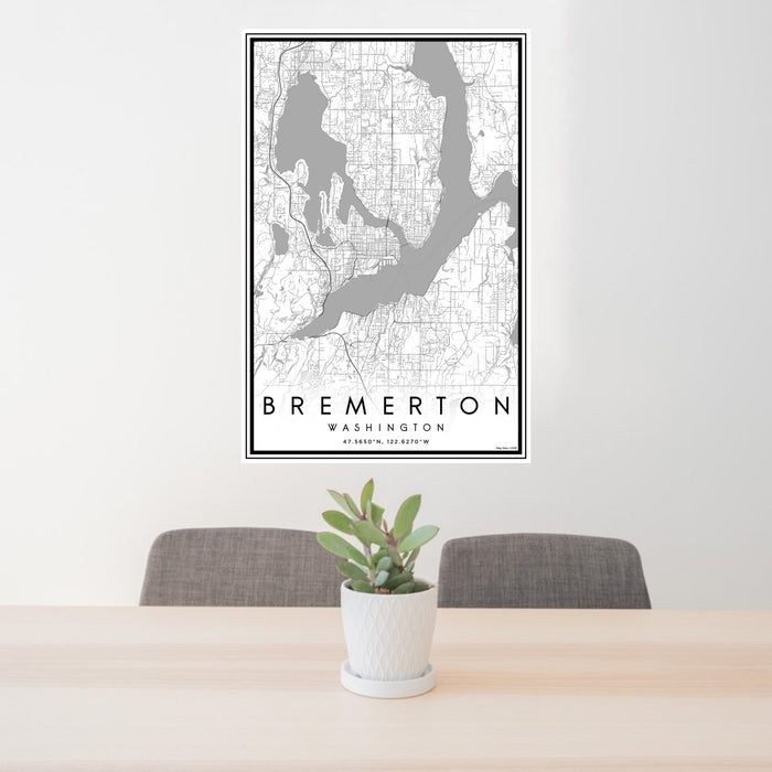 24x36 Bremerton Washington Map Print Portrait Orientation in Classic Style Behind 2 Chairs Table and Potted Plant