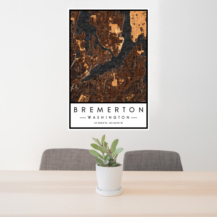 24x36 Bremerton Washington Map Print Portrait Orientation in Ember Style Behind 2 Chairs Table and Potted Plant