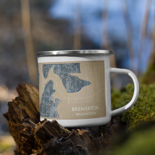 Right View Custom Bremerton Washington Map Enamel Mug in Afternoon on Grass With Trees in Background
