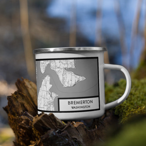 Right View Custom Bremerton Washington Map Enamel Mug in Classic on Grass With Trees in Background